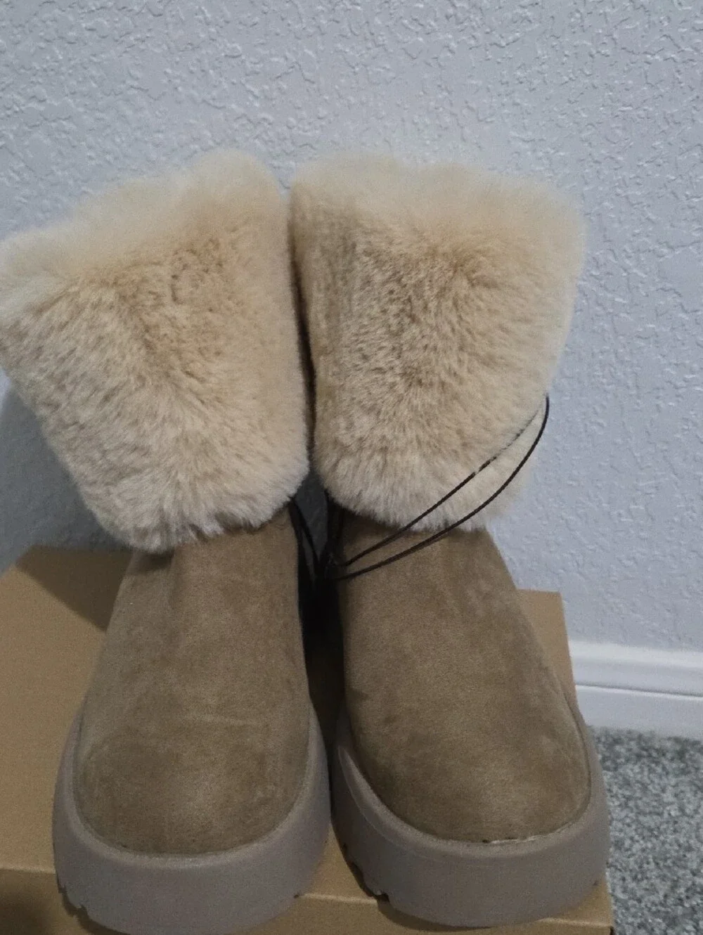 Suede Winter Fur-Trim Ankle Boots in Taupe